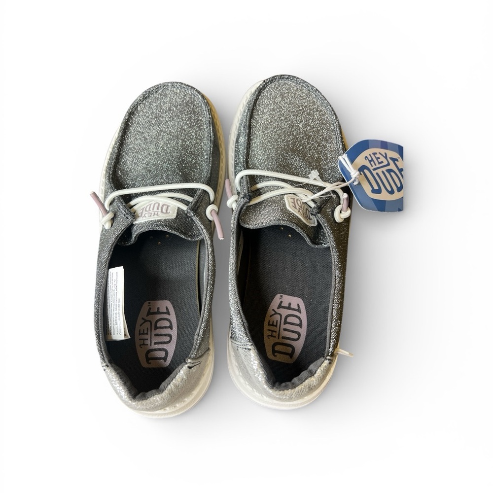 Hey Dude Wendy Metallic Charcoal Grey Youth Size 2 Lace Up Moccasin New - Picture 7 of 9